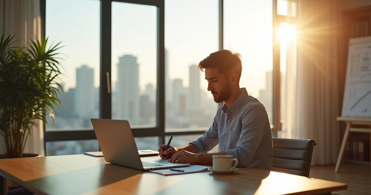 Leader at desk journaling beside transparent reflections of themselves at work 