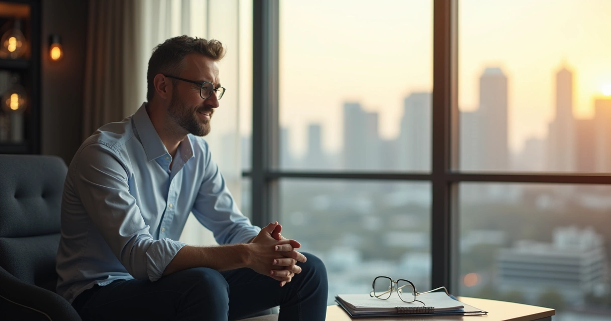 Leader quietly reflecting near office window 