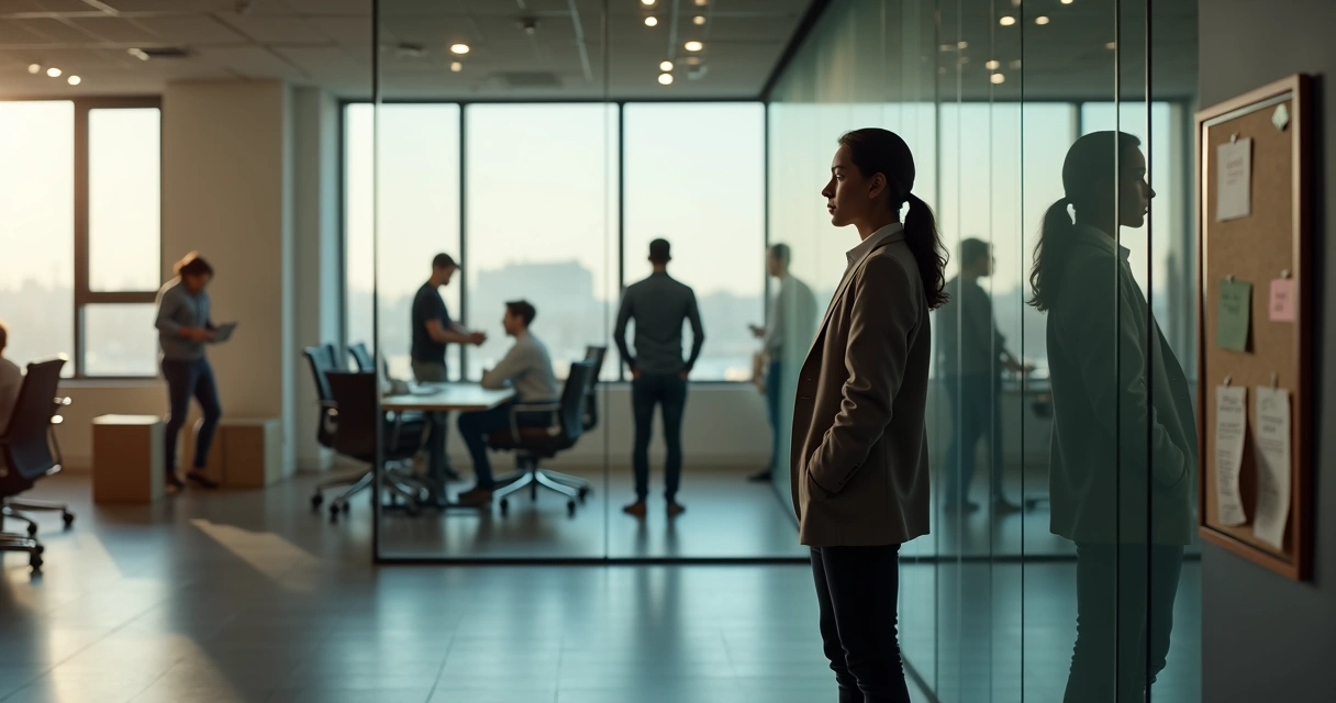 Team leader looking into conference room mirror wall during reorganization 