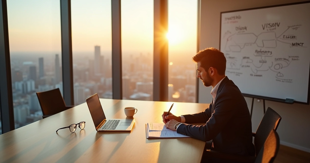 Leader in quiet conference room reflecting with notebook at sunrise 