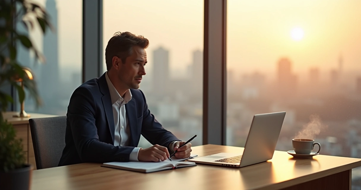 Leader journaling by a window while reflecting in a calm office 