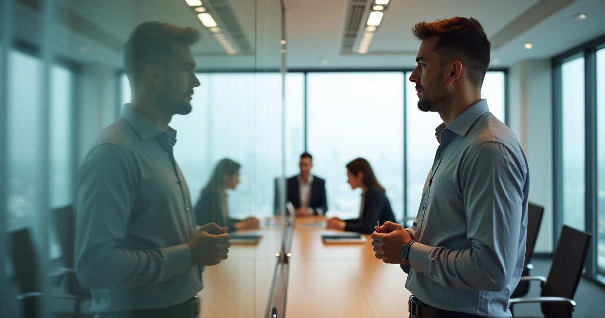 Leader pausing in a meeting, seeing their own reflection in a glass wall 