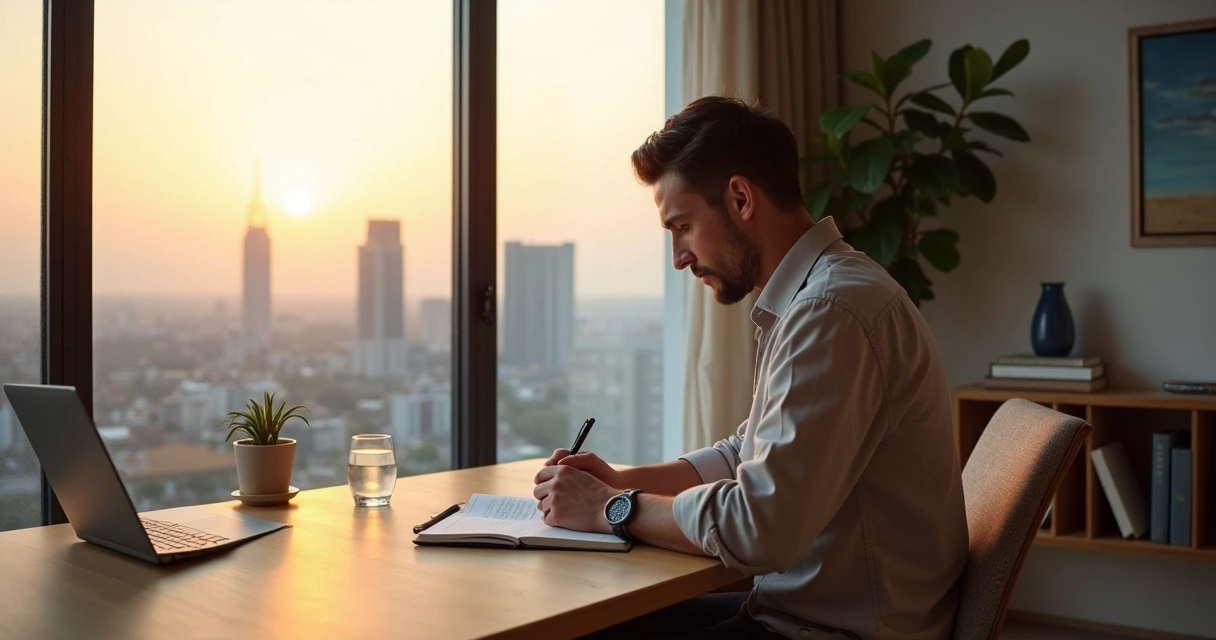Leader journaling quietly at a desk during sunrise with city skyline in the background 