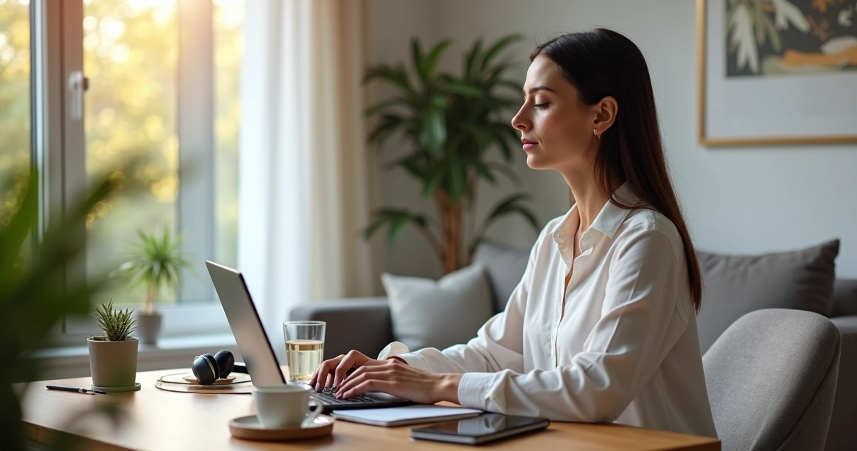Calm leader practicing self-regulation at home workspace 