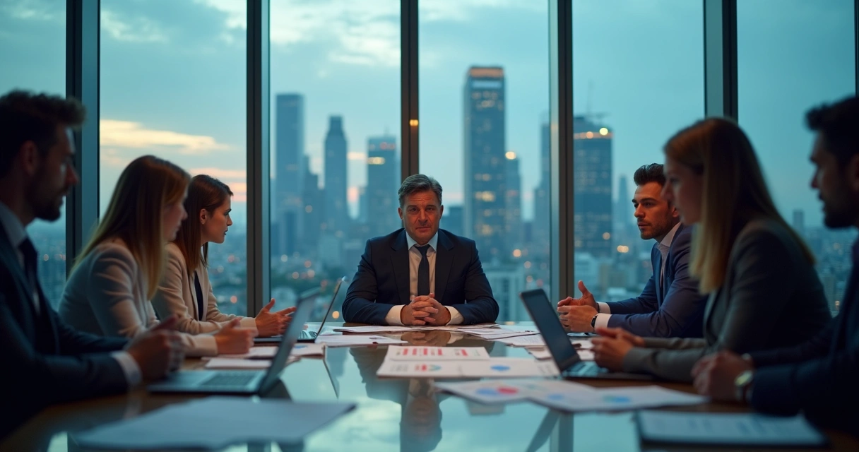 Calm leader in glass office staying centered during intense meeting 