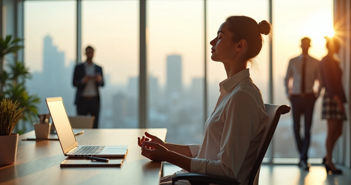 Calm leader meditating at desk in bright modern office 