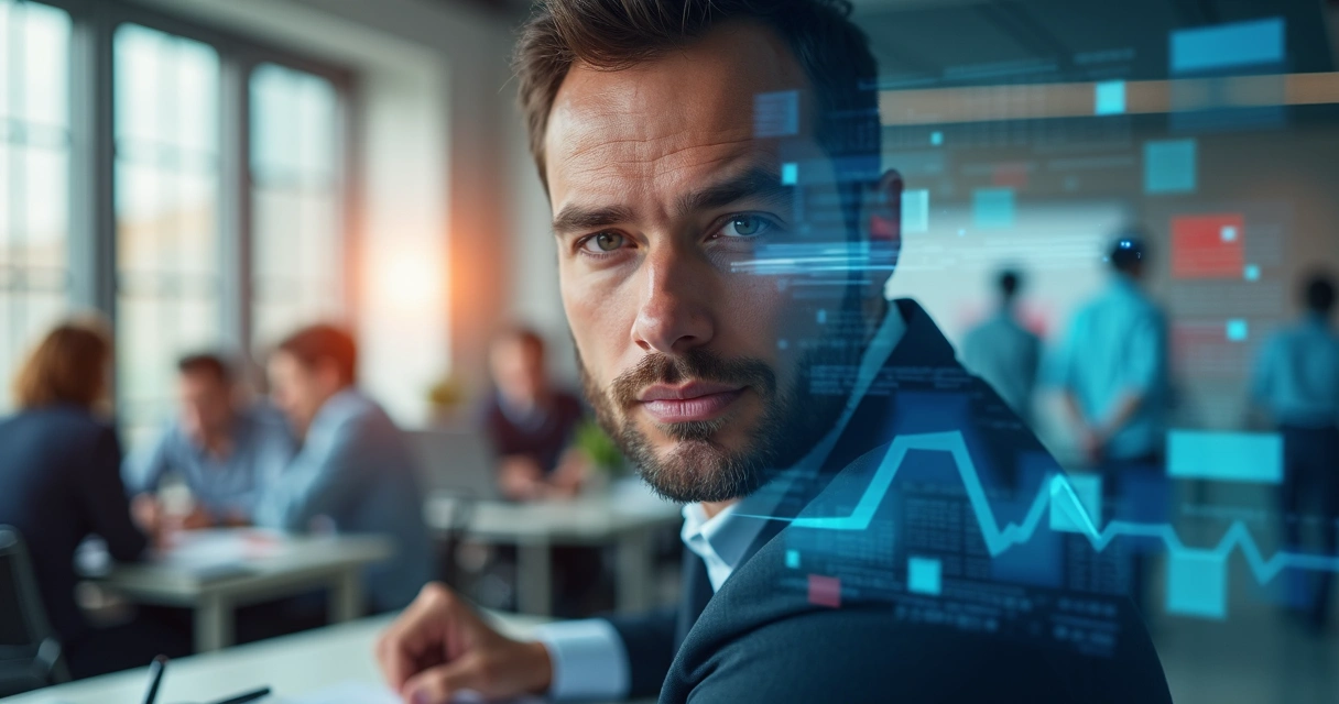 Business leader balancing emotion and logic in split-face concept 