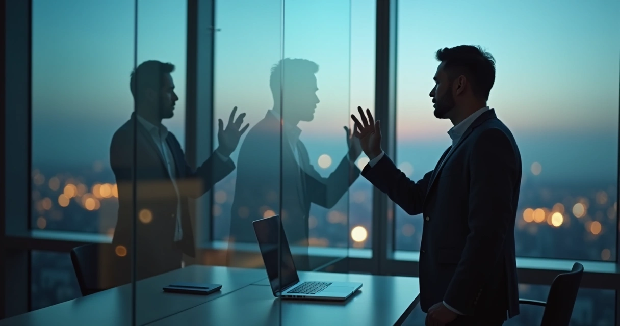 Business leader looking at fragmented reflection in office window 