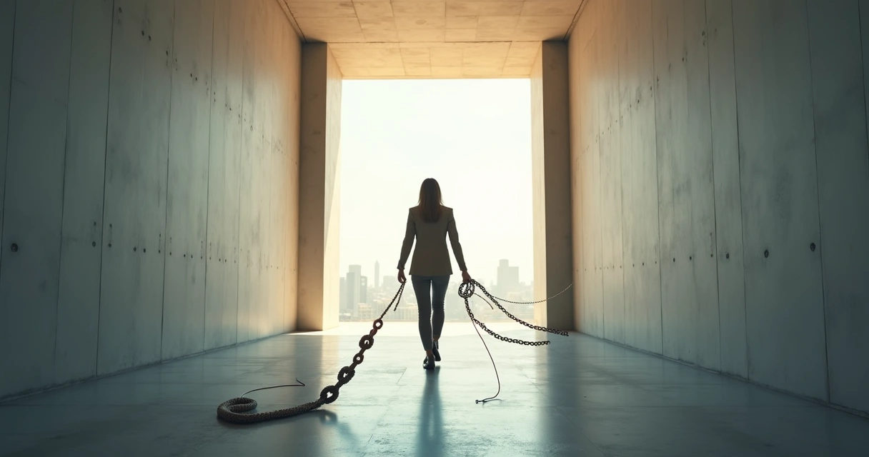 Executive trying to walk forward while five ropes from the shadows pull them back 