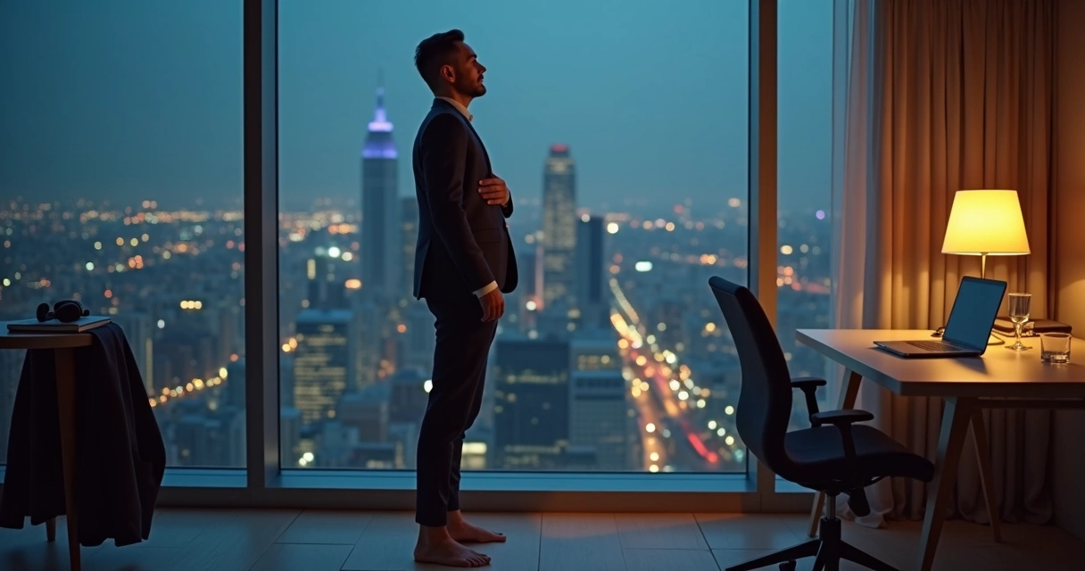 Executive practicing self-soothing near office window at night 