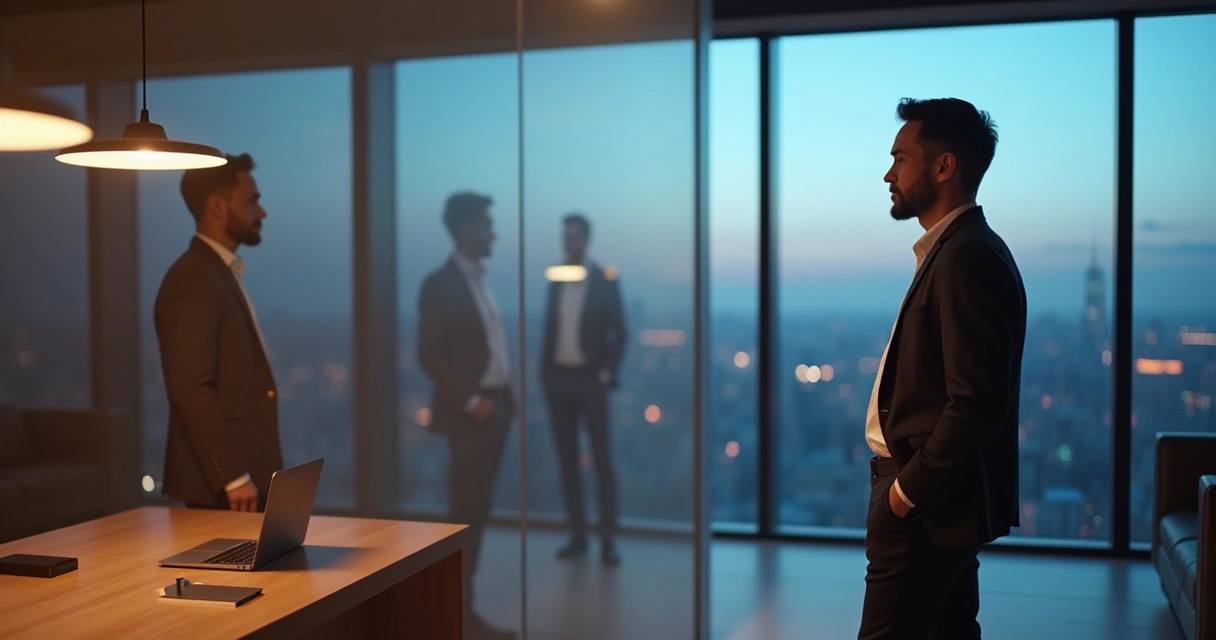 Leader reflected in glass showing multiple inner selves in an office 