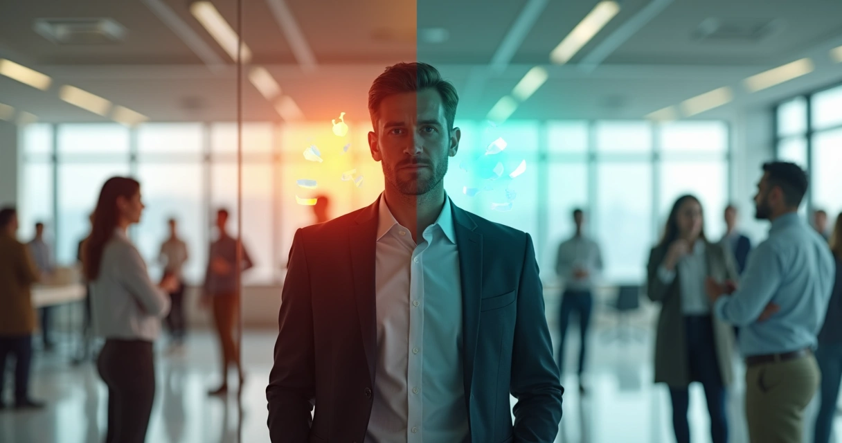 Leader with two mirrored reflections influencing team communication in a modern office 