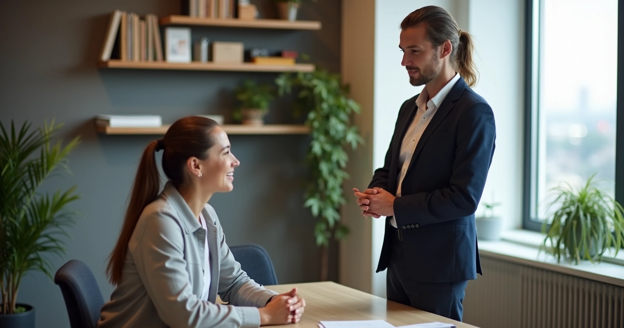 Leader calmly talking with a team member in an office environment