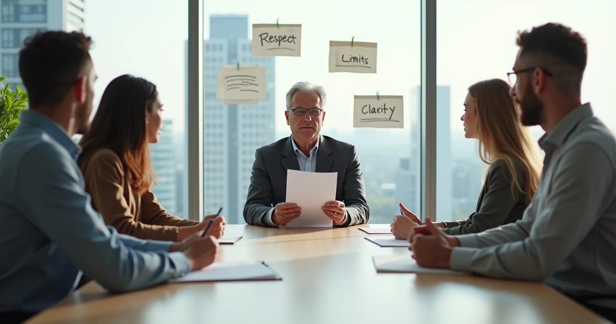 Calm leader setting clear boundaries with a team in a glass-walled meeting room 