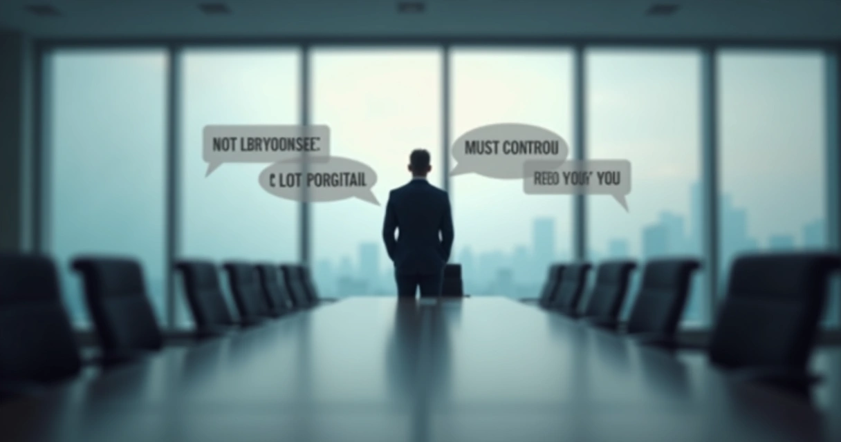 Leader in silhouette facing a group, with subtle thought bubbles illustrating beliefs