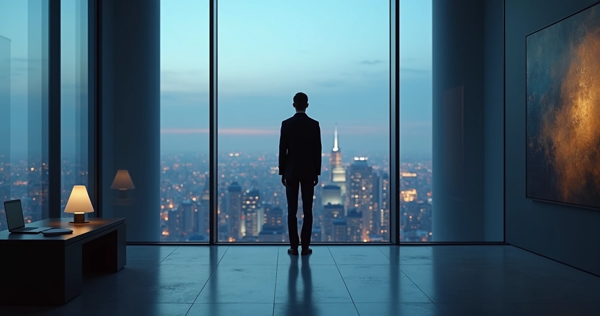 Executive leader facing own shadow silhouette in modern city office 