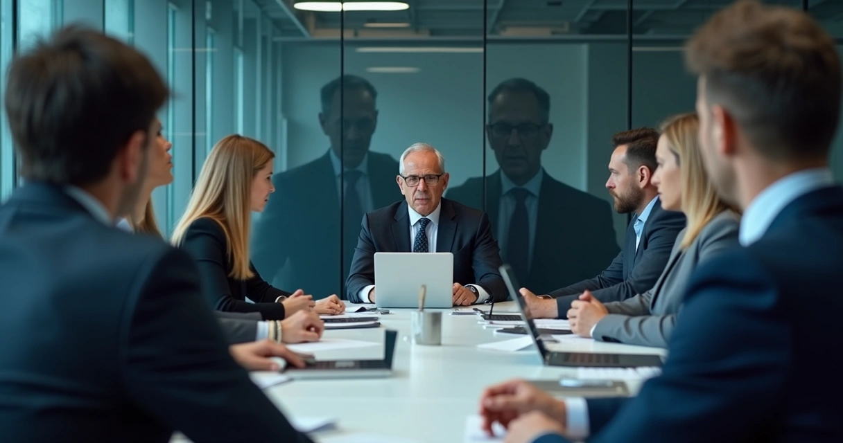 Leader reflected in glass during a tense office meeting