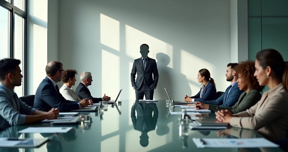 Leader at conference table with large dark shadow looming over concerned team 