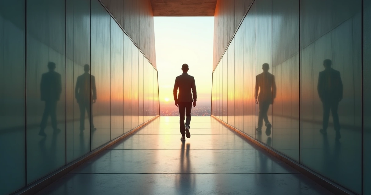 Leader crossing lit bridge while three large shadow figures mirror different postures on surrounding walls 
