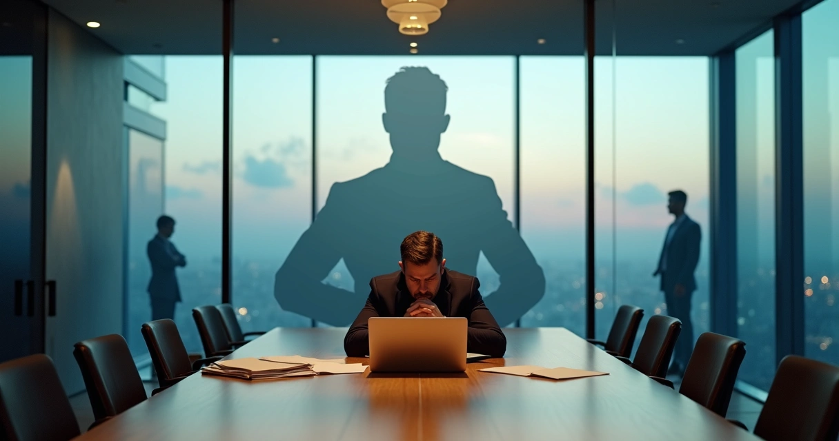 Business leader isolated at conference table while shadow shows inner conflict 