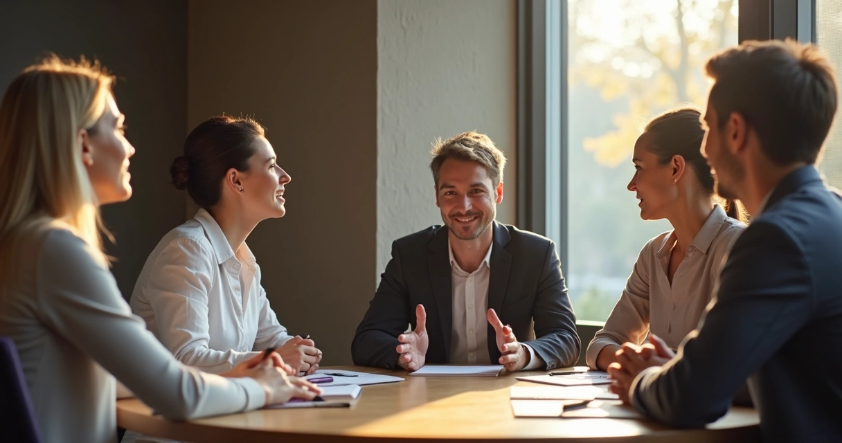 Leader sitting at round table sharing a personal story with attentive team members