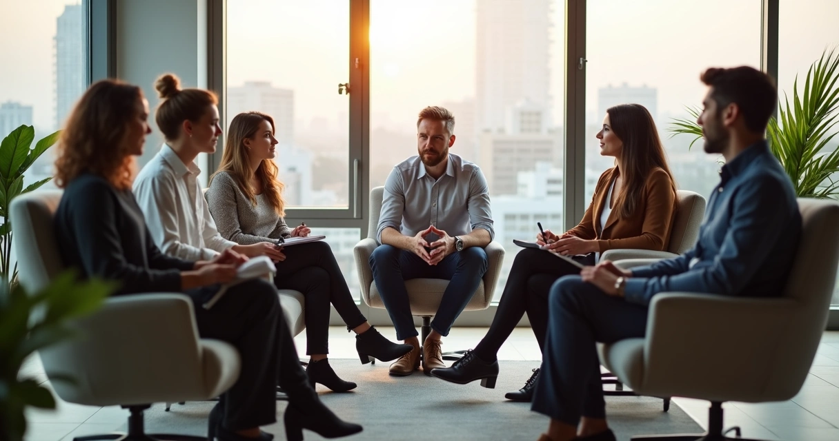 Leader sharing a vulnerable moment with attentive team in modern office 