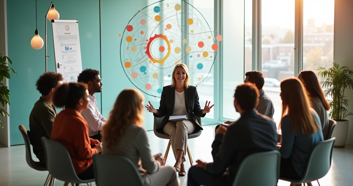Leader guiding diverse team in a coaching circle 