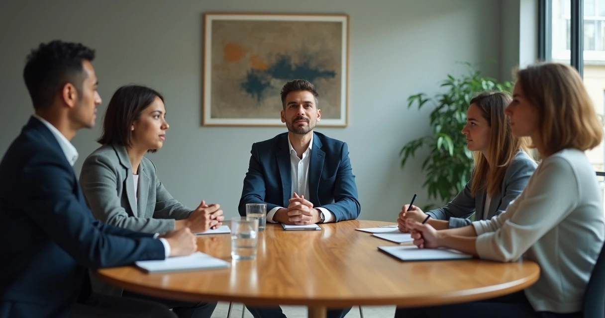 Leader in quiet meeting pausing at a round table with attentive team 