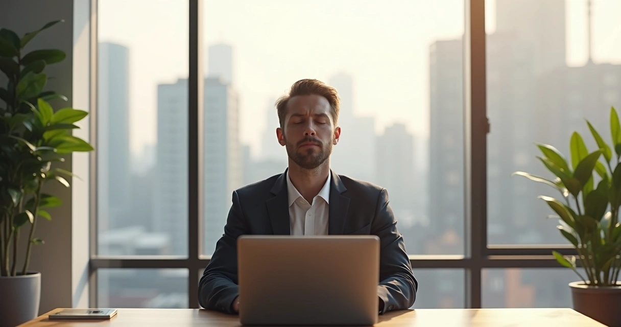 Leader practicing mindful silence in modern office