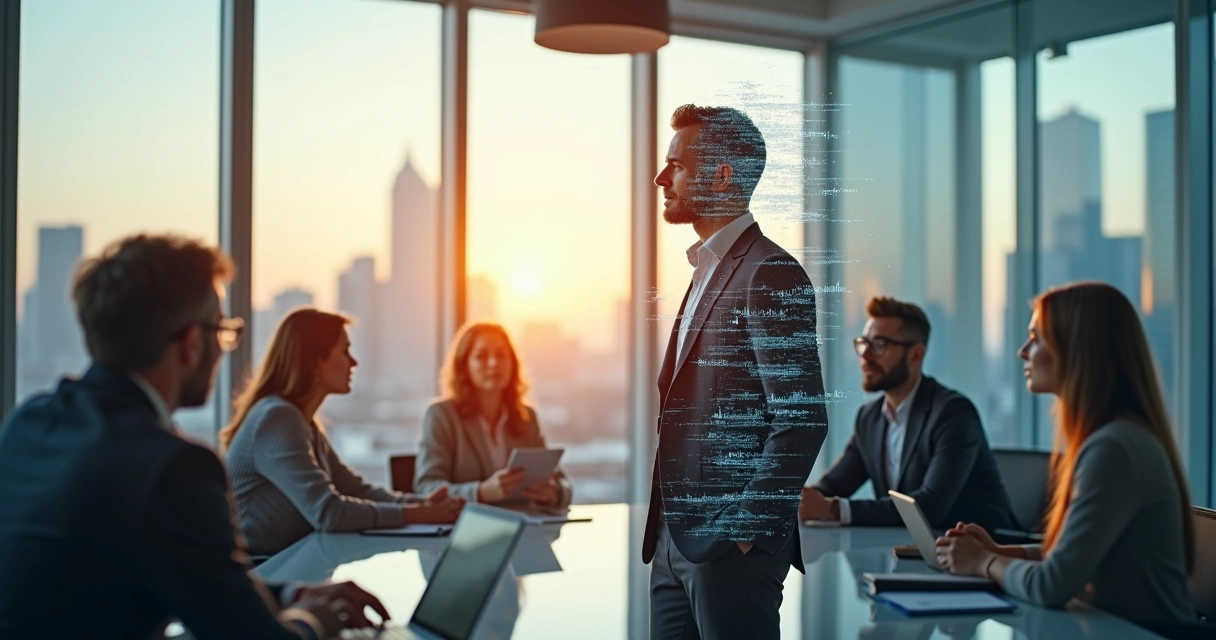 Business leader surrounded by team with invisible beliefs shown as faint words and patterns 