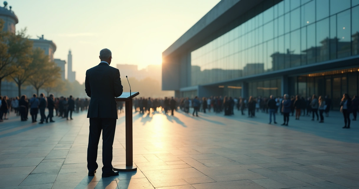 Leader addressing crowd while shadow reveals complex inner patterns 