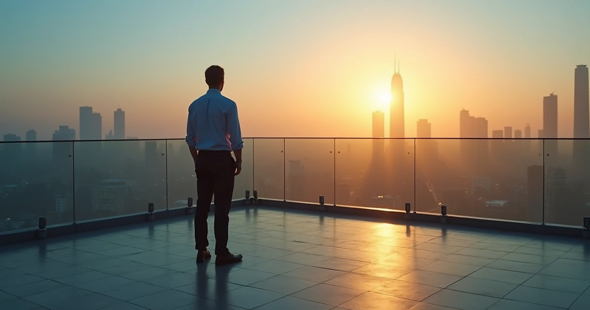 Business leader at sunrise divided between alert and exhausted shadow 