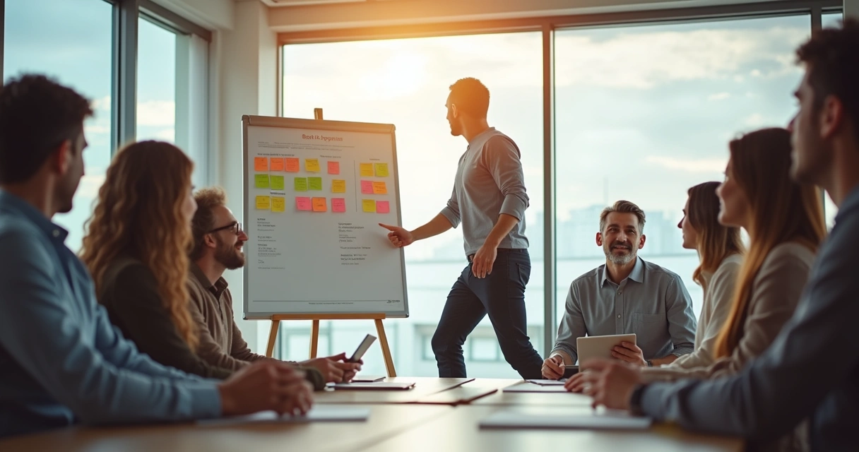 Leader taking small steps with encouraging team in the background 