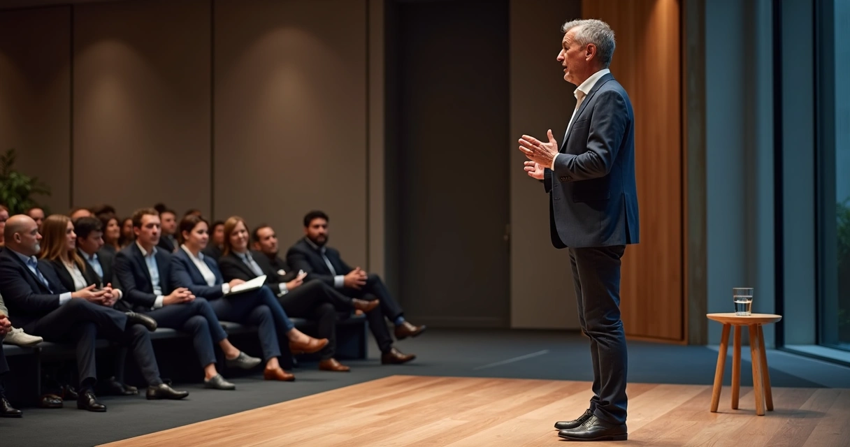 Leader on stage using grounded body language while speaking to audience 