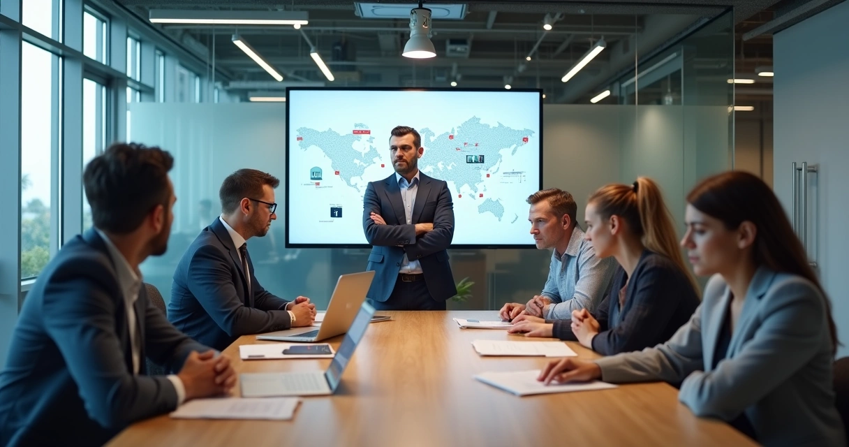 Leader observing team stress patterns in a modern office meeting 