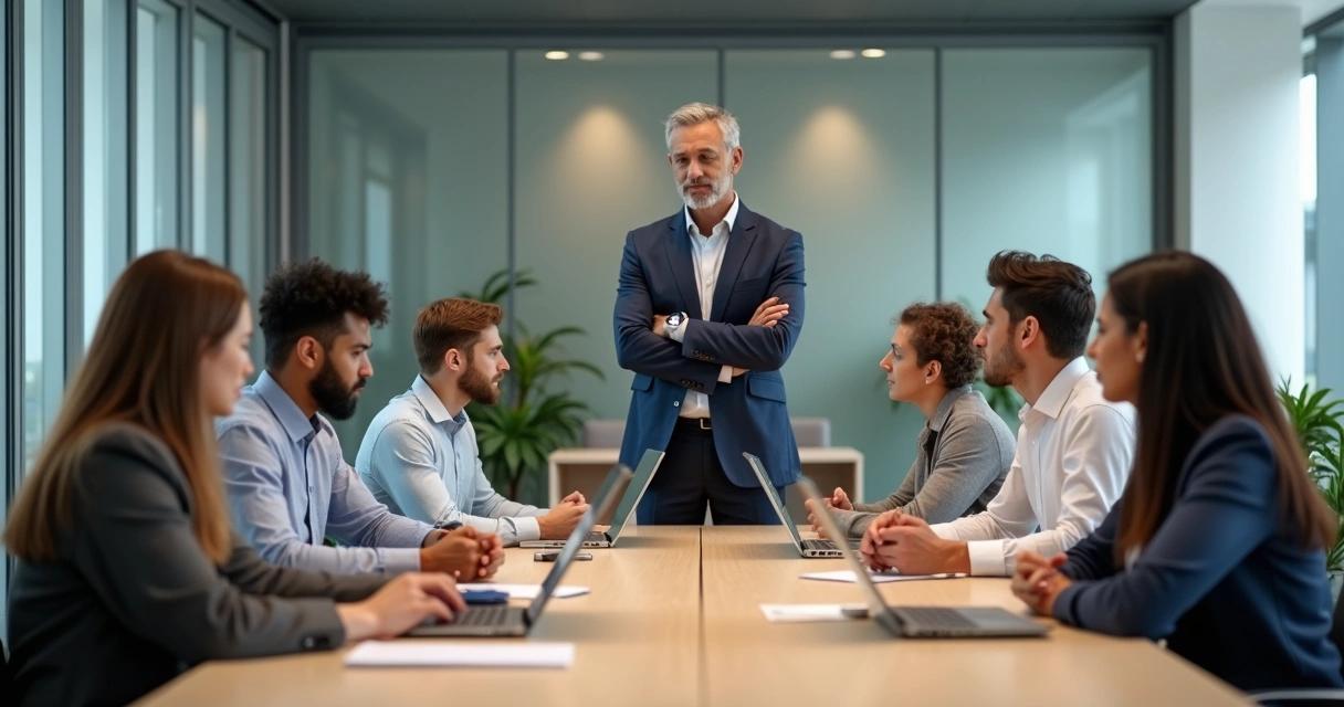 Leader observing tense team in modern office meeting 