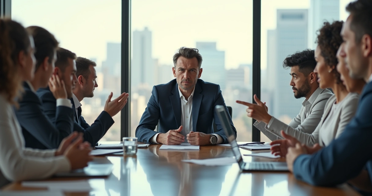 Leader remaining calm and focused at the head of a tense meeting table 