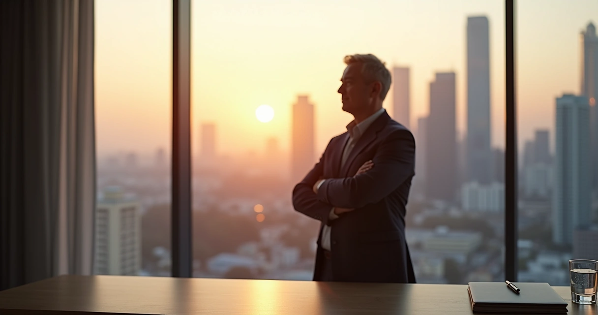 Executive leader pausing in quiet office overlooking city at sunrise 