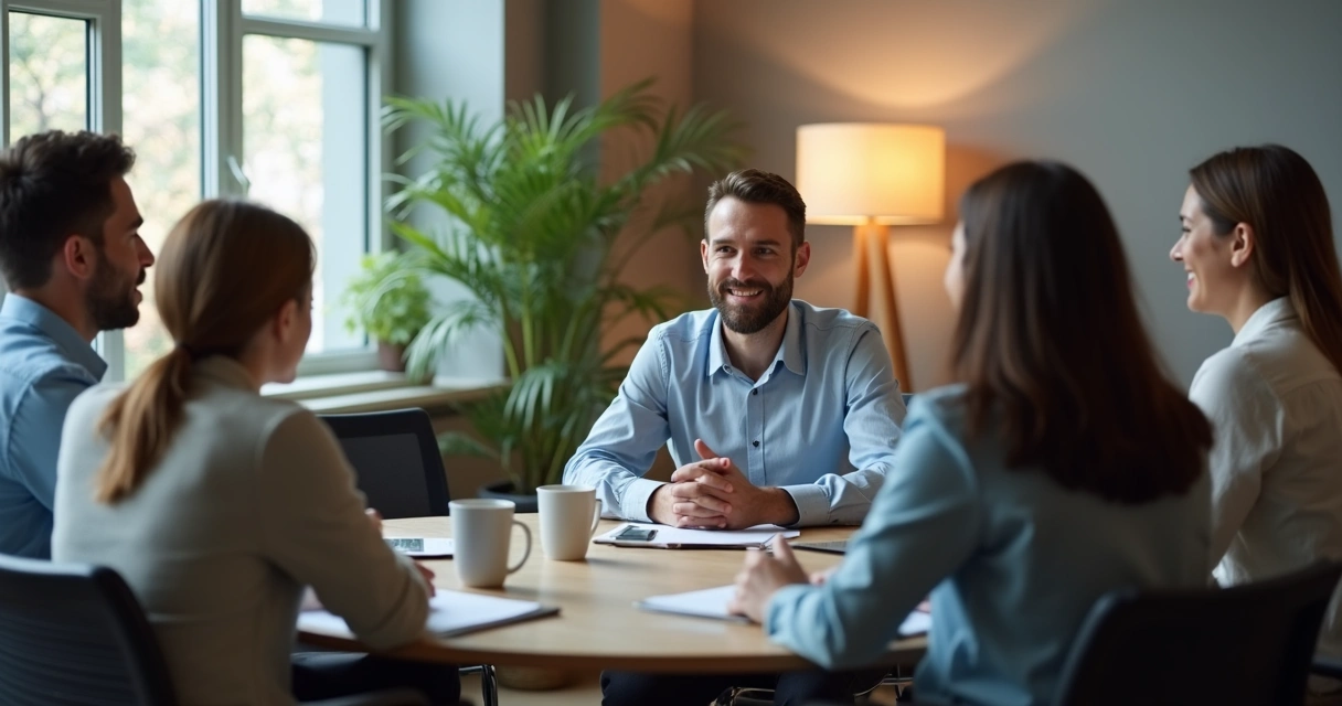 Leader listening to team members in a calm office setting 