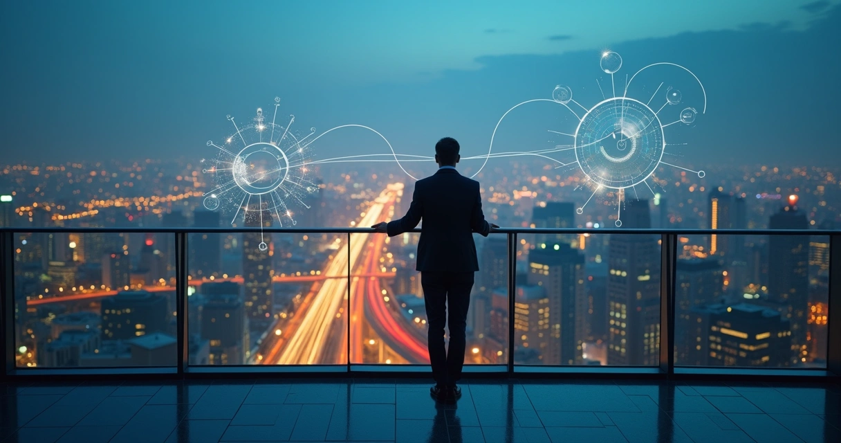 Leader observing illuminated network map of city connections at night 