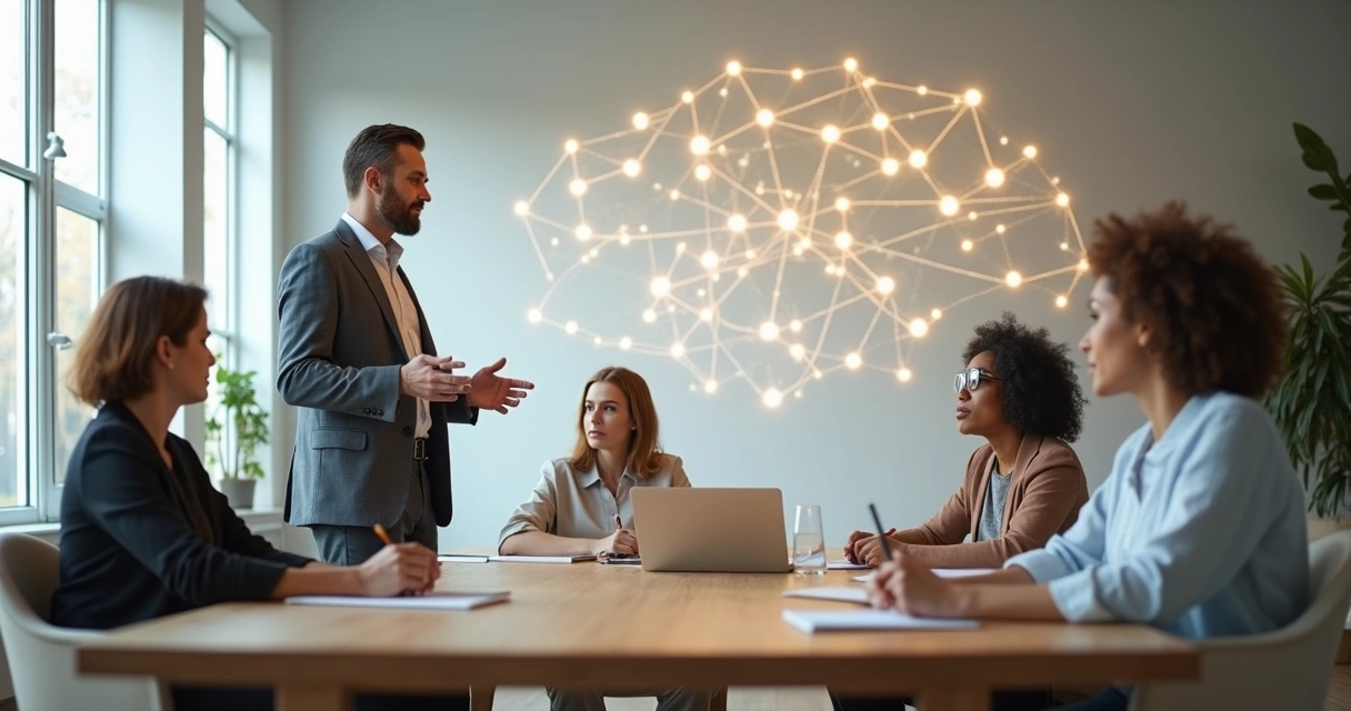Leader standing in front of diverse team with subtle family tree overlay 