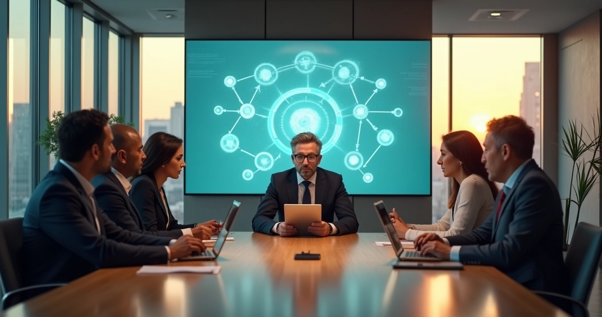 Business leader at conference table unable to see blind spots highlighted around team 