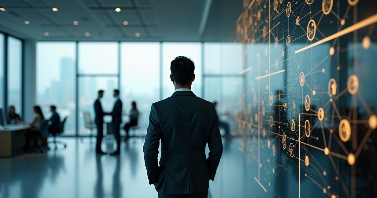 Business leader viewing interconnected human silhouettes and system diagrams on a glass wall 