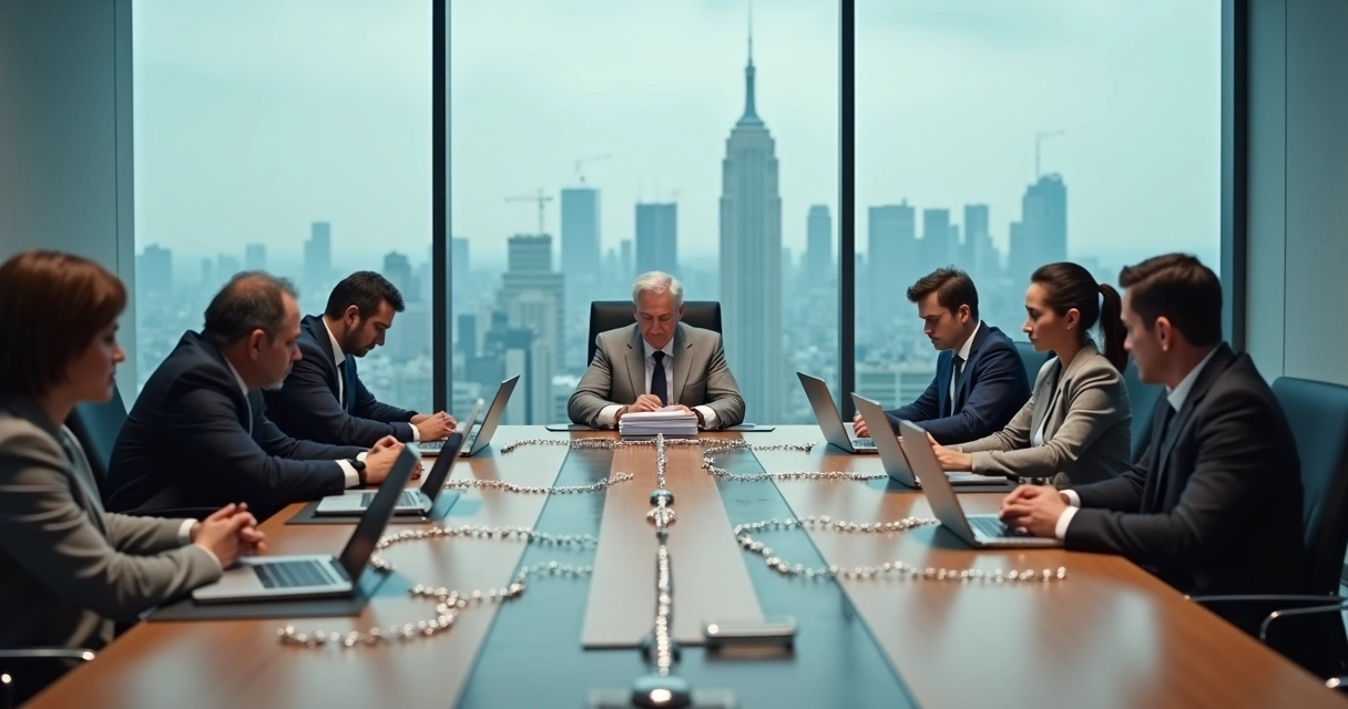 Leader at head of rigid team table with connected chains symbolizing systemic stagnation 