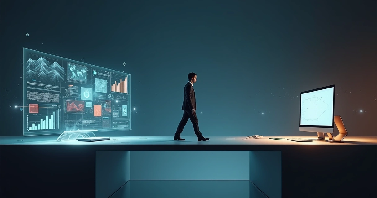 Leader walking across illuminated bridge between two contrasting workspaces 