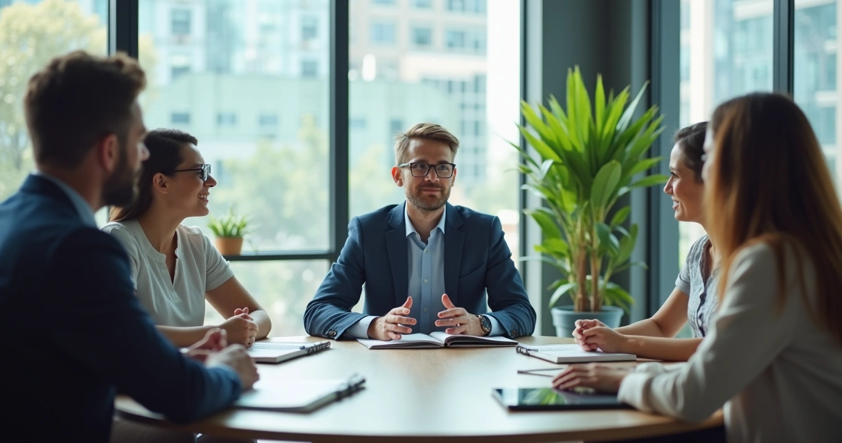 Leader speaking calmly with team in a modern office meeting