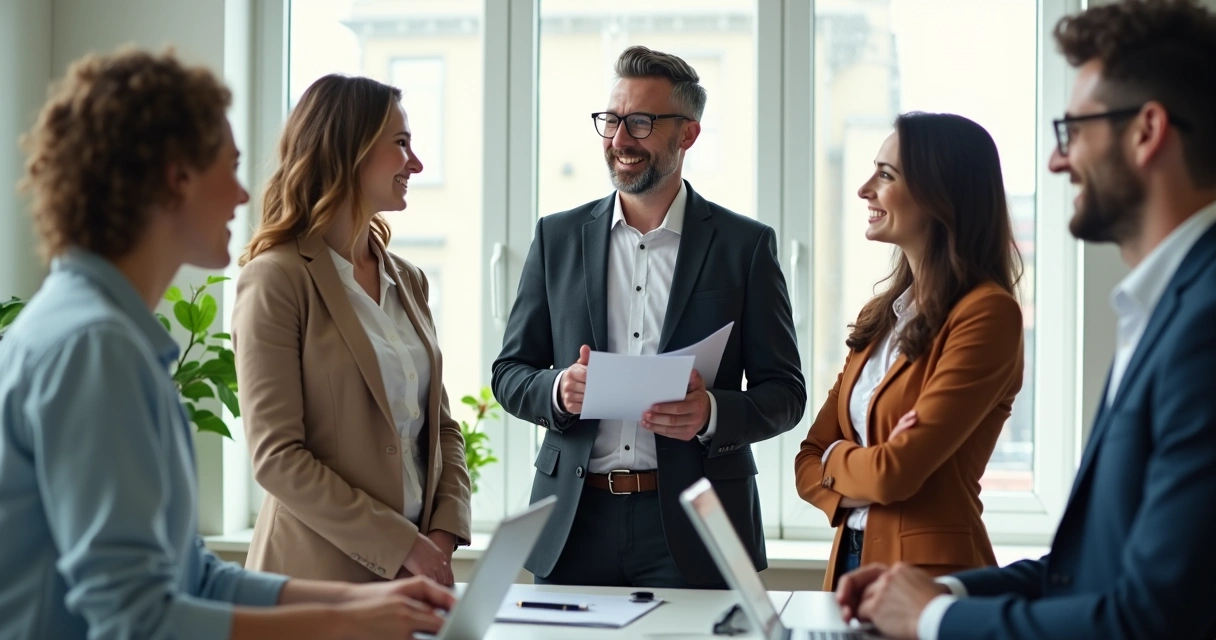 Leader connecting with a diverse team, casual conversation in office