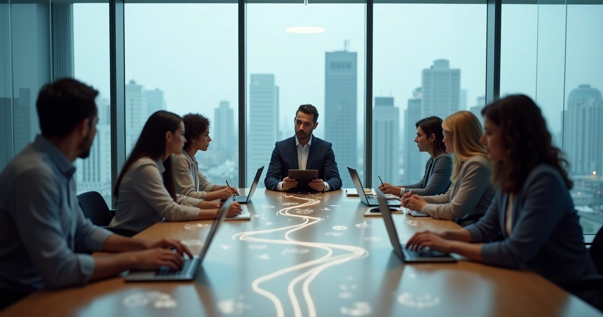 Leader at crossroads table facing multiple paths with team in modern office 