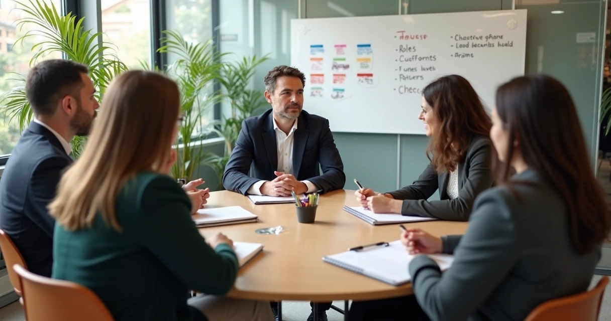 Leader hosting a structured dialogue with team members in office