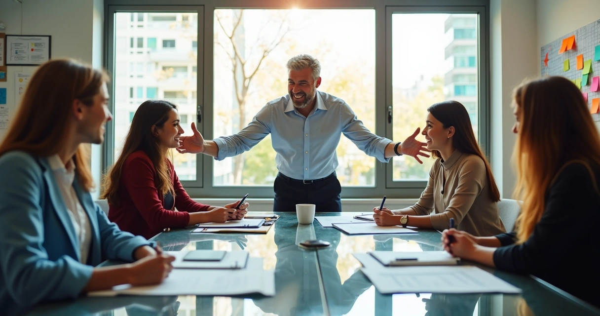 Business leader interacting with diverse team, expressing encouragement in an open office 